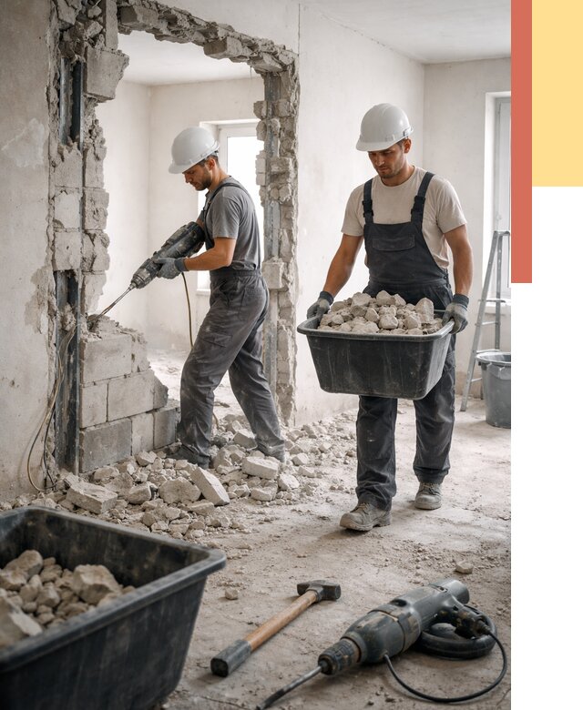 Демонтаж блоковых перегородок в Комсомольске-на-Амуре от 3827 руб. — быстро и недорого | ОТДЕЛОЧНИК-Кмс