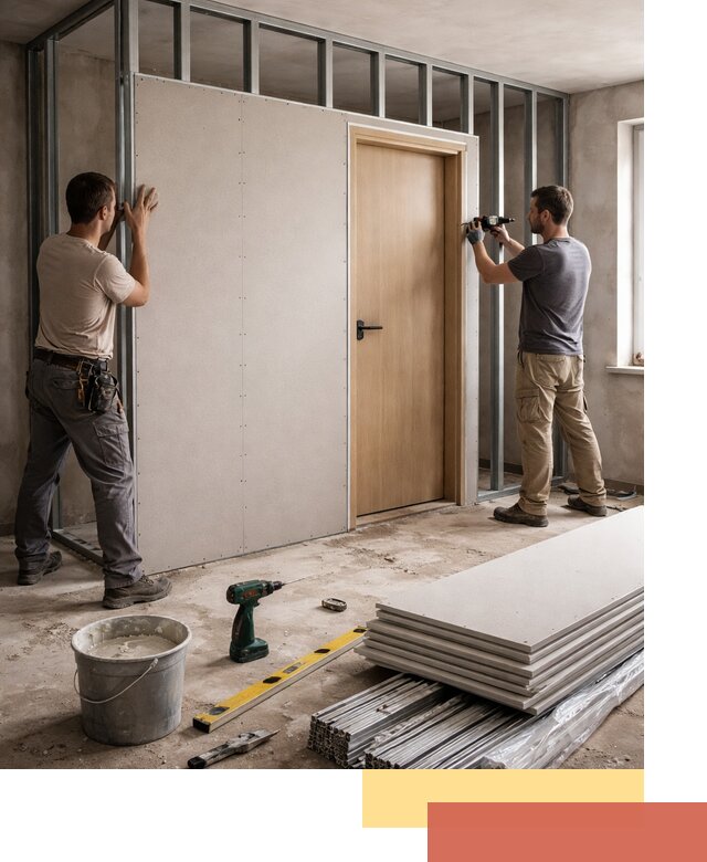 Перегородка из гипсокартона с дверью под ключ в Комсомольске-на-Амуре