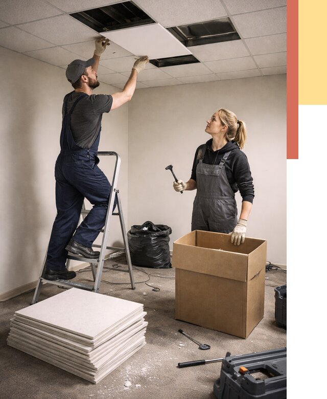 Демонтаж потолочной плитки в Комсомольске-на-Амуре от 4592 руб. быстро и недорого | ОТДЕЛОЧНИК-Кмс