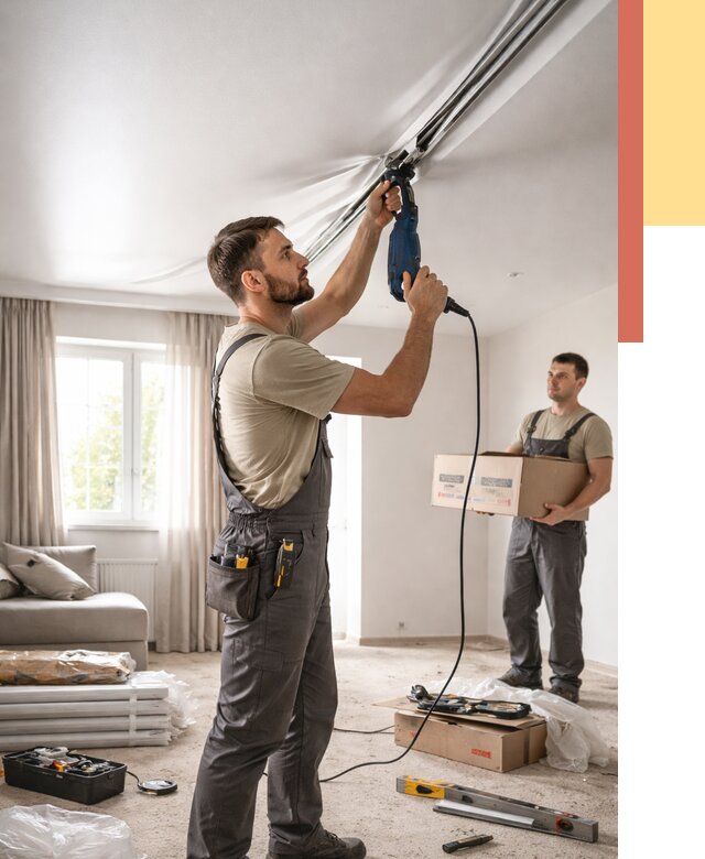 Монтаж сатинового натяжного потолка в Комсомольске-на-Амуре от 3571 руб. | Быстро, недорого — ОТДЕЛОЧНИК-Кмс