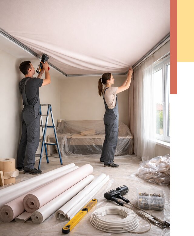 Монтаж цветного натяжного потолка в Комсомольске-на-Амуре от 4286 руб/м² — быстро и недорого | ОТДЕЛОЧНИК-Кмс