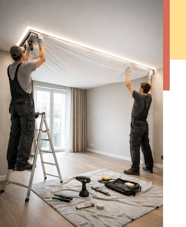 Монтаж парящего натяжного потолка в Комсомольске-на-Амуре от 4592 руб. быстро и недорого | ОТДЕЛОЧНИК-Кмс