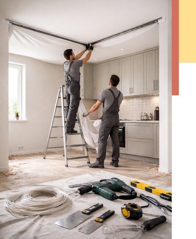 Установка натяжного потолка на кухне в Комсомольске-на-Амуре от 2449 руб. | ОТДЕЛОЧНИК-Кмс