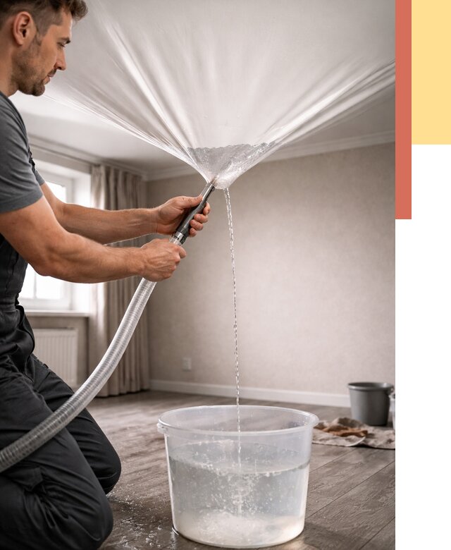 Слив воды с натяжного потолка в Комсомольске-на-Амуре от 2551 руб. быстро и недорого | ОТДЕЛОЧНИК-Кмс