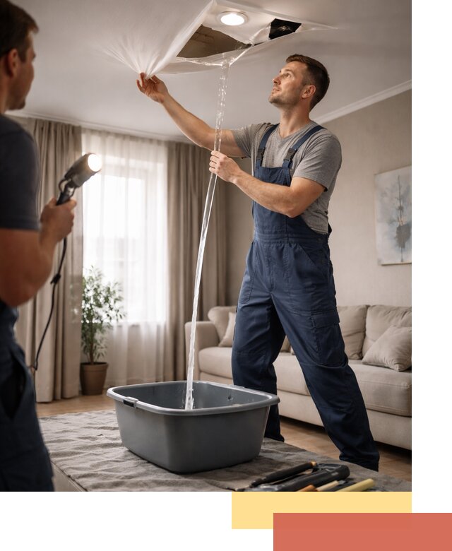 Слив воды с натяжного потолка в Комсомольске-на-Амуре быстро и аккуратно